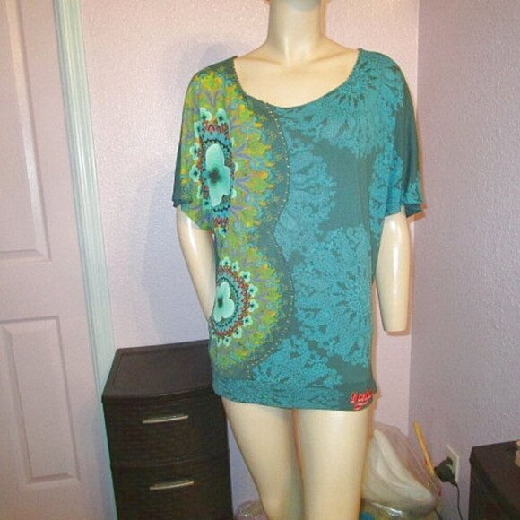 Desiqual STRETCH Jersey Size M BLOUSE Tunic Top METALLIC Floral DOLMAN Scoop - Picture 1 of 11